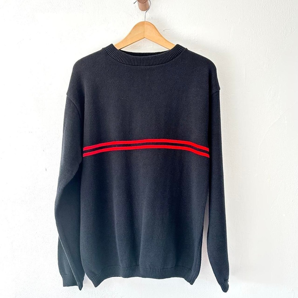 Sweater Mens S/M Black Red Stripe Crewneck Cotton Knit USA Made